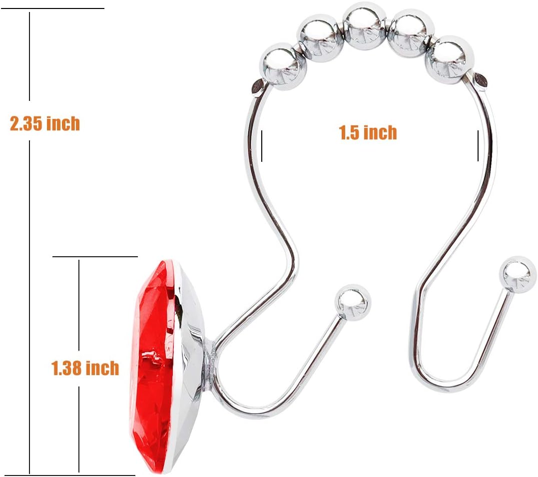 Shower Curtain Hooks Rings for Bathroom, 12PCS Double Hooks Glide Anti Rust Crystal Rhinestones Shower Curtain Rings Hangers for Shower Curtains, Clothing, Towels, etc. (Red)