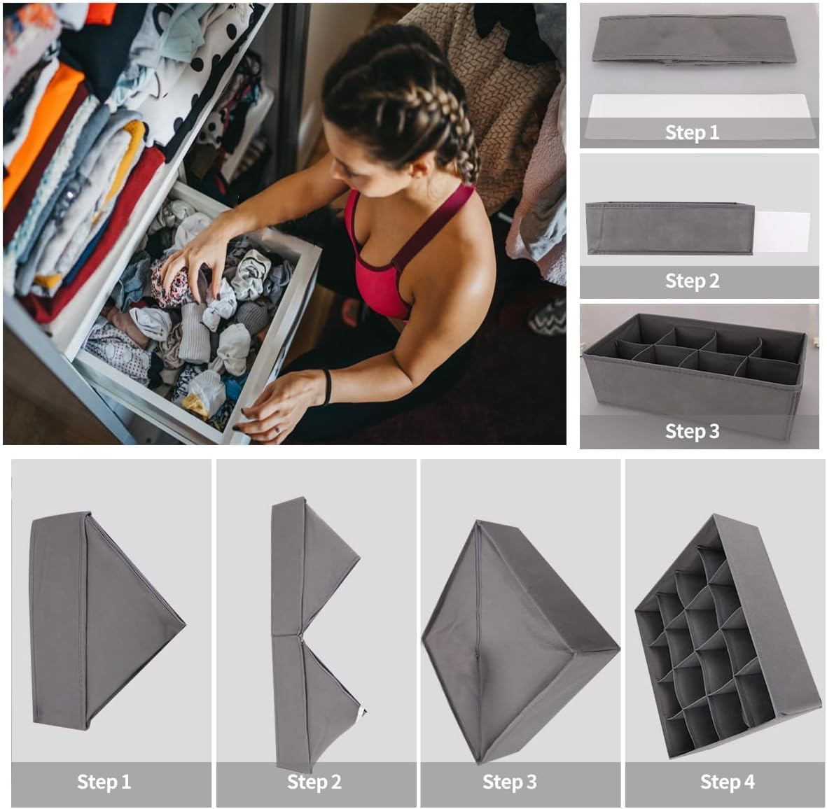 Lourome Underwear Drawer Organizer, 10-Pack, for Socks, Bras, Tie, Grey