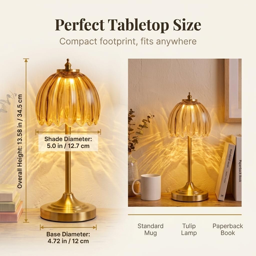 Tulip Glass Rechargeable Table Lamp, Cordless Vintage Table Light (Amber)