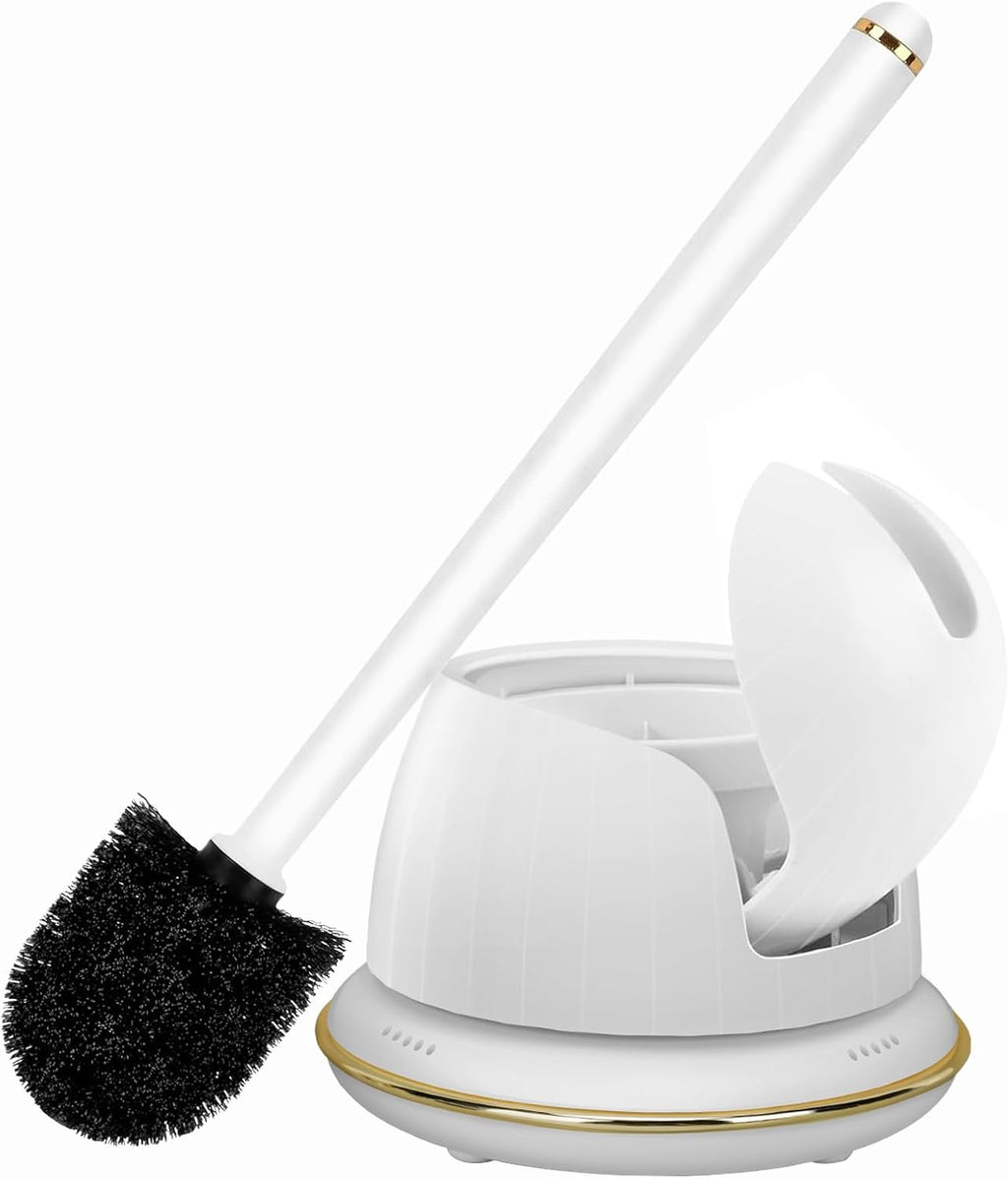 Gold Toilet Brush and Holder Set, Auto-Open Lid, Ventilated Base, White