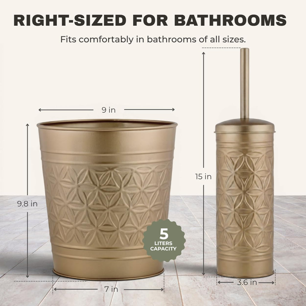 Autumn Alley Farmhouse Antique Gold Bathroom Accessories Set – Includes Gold Bathroom Trash Can & Toilet Brush with Holder, Handcrafted Modern Waste Bin & Standing Toilet Brush, Embossed Metal Décor