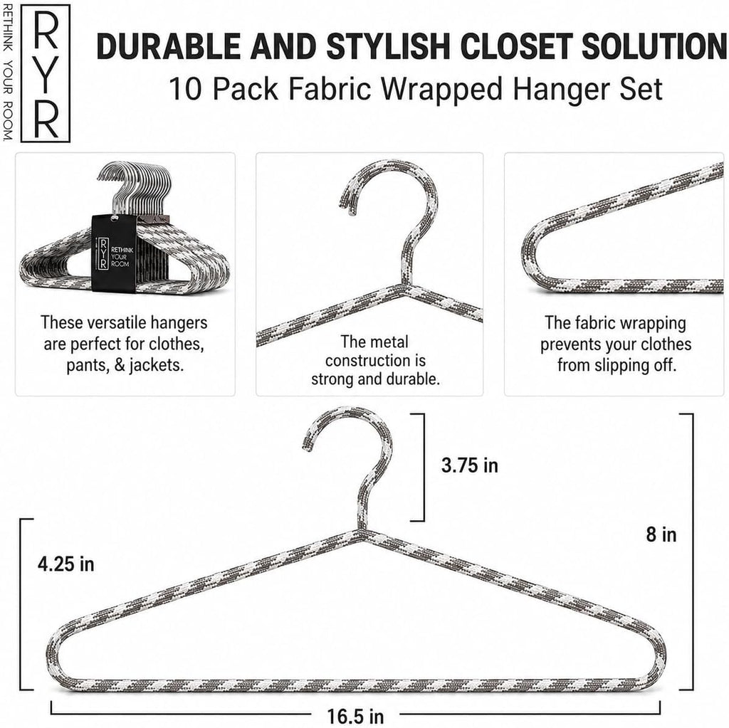 Clothes Hangers 10 Pack – Space Saving Fabric & Metal Hangers, Non-Slip Pant & Coat Hangers, Room Essentials, Closet, Durable Wardrobe Storage, Suits & Pants – Natural/White