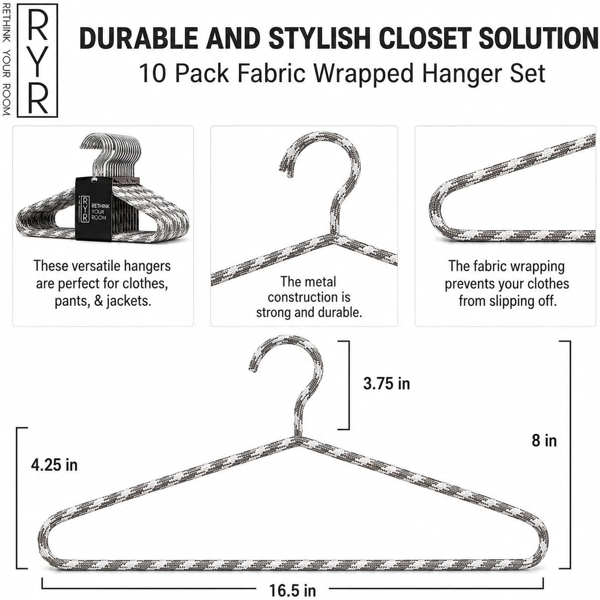 Clothes Hangers 10 Pack – Space Saving Fabric & Metal Hangers, Non-Slip Pant & Coat Hangers, Room Essentials, Closet, Durable Wardrobe Storage, Suits & Pants – Natural/White