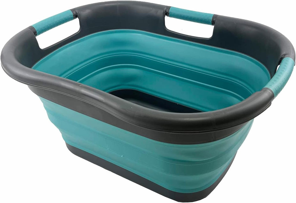 SAMMART 30L (7.9 gallon) Collapsible Plastic Laundry Basket - Foldable Pop Up Storage Container/Organizer - Portable Washing Tub - Space Saving Hamper/Basket (Grey/Crystal Blue)