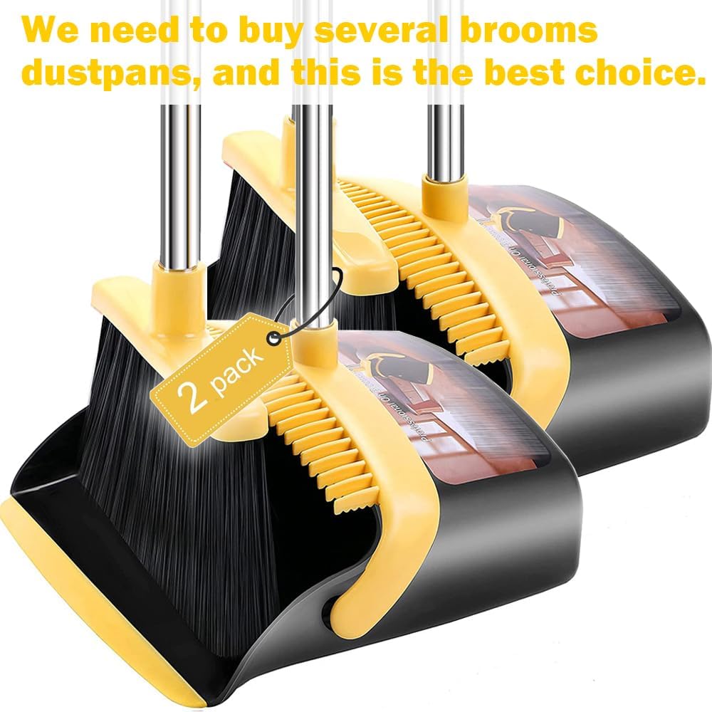 2 Pack is More economical,Brooms with Dustpan Combo Set， with 52" Long Handle, Dustpan Teeth with self-Cleaning Function, Indoor and Outdoor Sweeping, Perfect for Home Office (Large/Yellow/ 2-Pack)