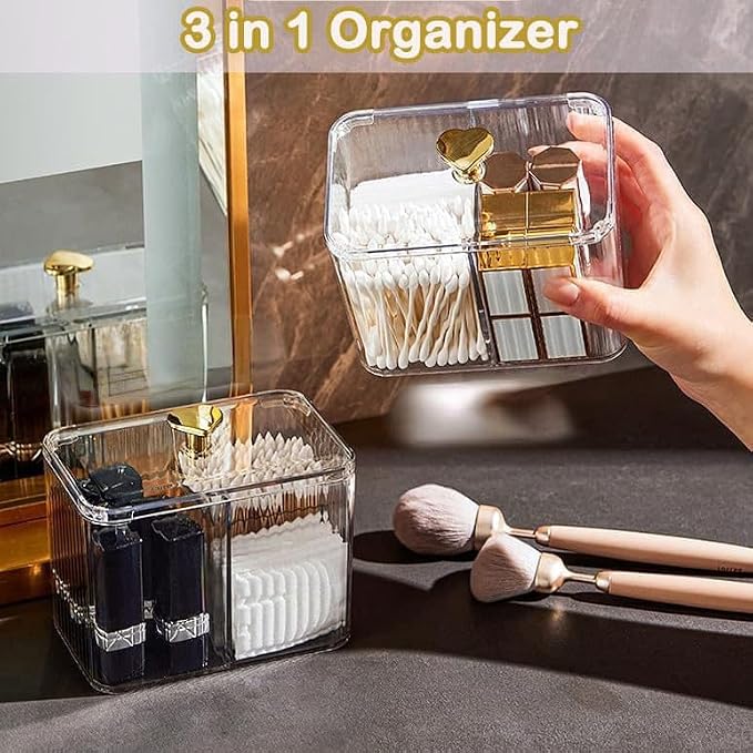 1 Pack 3-Section Clear Qtip Holder with Dustproof Lid, Bathroom Cotton Ball and Qtip Organizer, Cotton Swab Container for Vanity Canisters Jars for Countertop Storage and Organization (Clear-White)