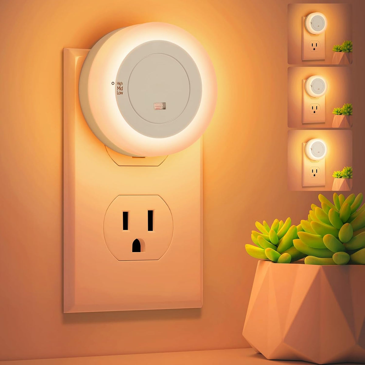 2-Pack LED Night Lights Plug in Dimmable with Sensor 2200K Amber White