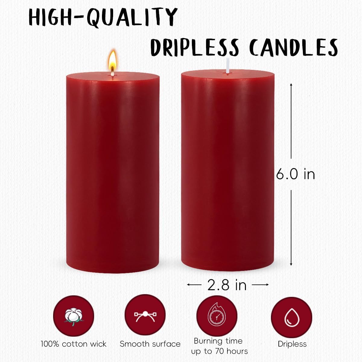 3 Packs 2.8x6 Inch Red Pillar Candles, Unscented Dripless Long Burning Colored Cylinder Candles for Home, Wedding, Party, Dinner Table Emergency Power Outage