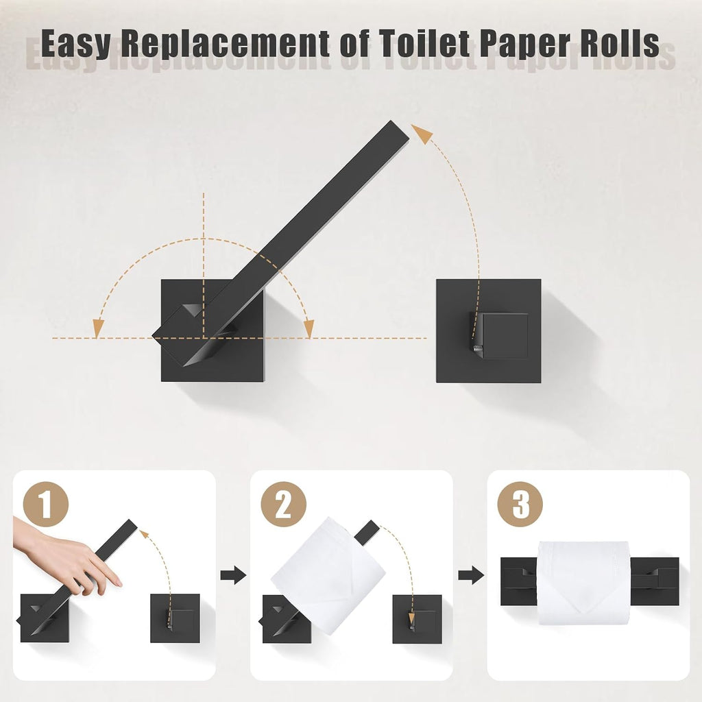 TQKAG Matte Black Bathroom Hardware Accessories Set 5 Pieces, Double Post Pivoting Toilet Paper Holder Set Stainless Steel Square Bathroom Towel Bar Holder Set Wall Mounted