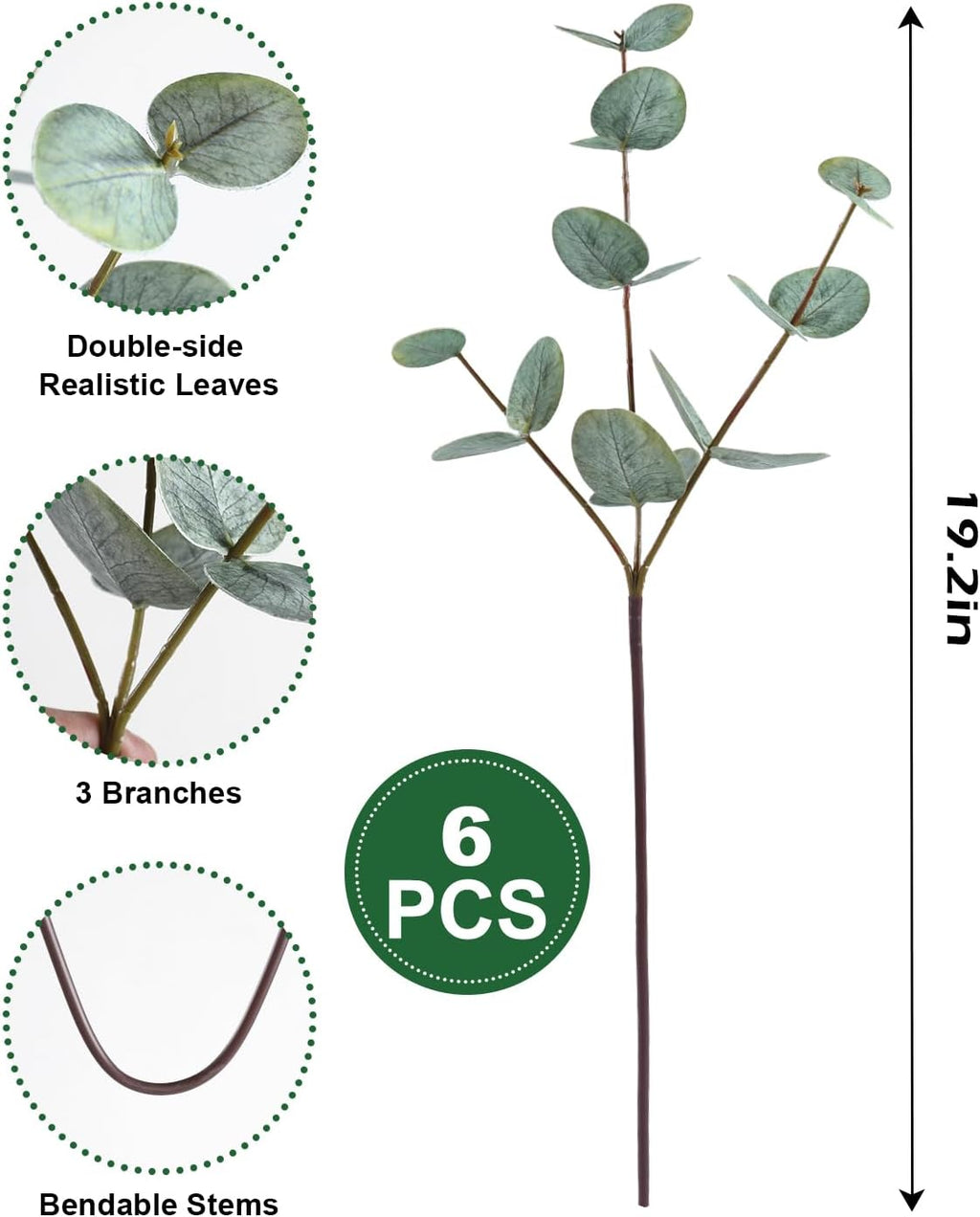Coferset 6pcs Real Touch Artificial Eucalyptus Stems,Sage Green