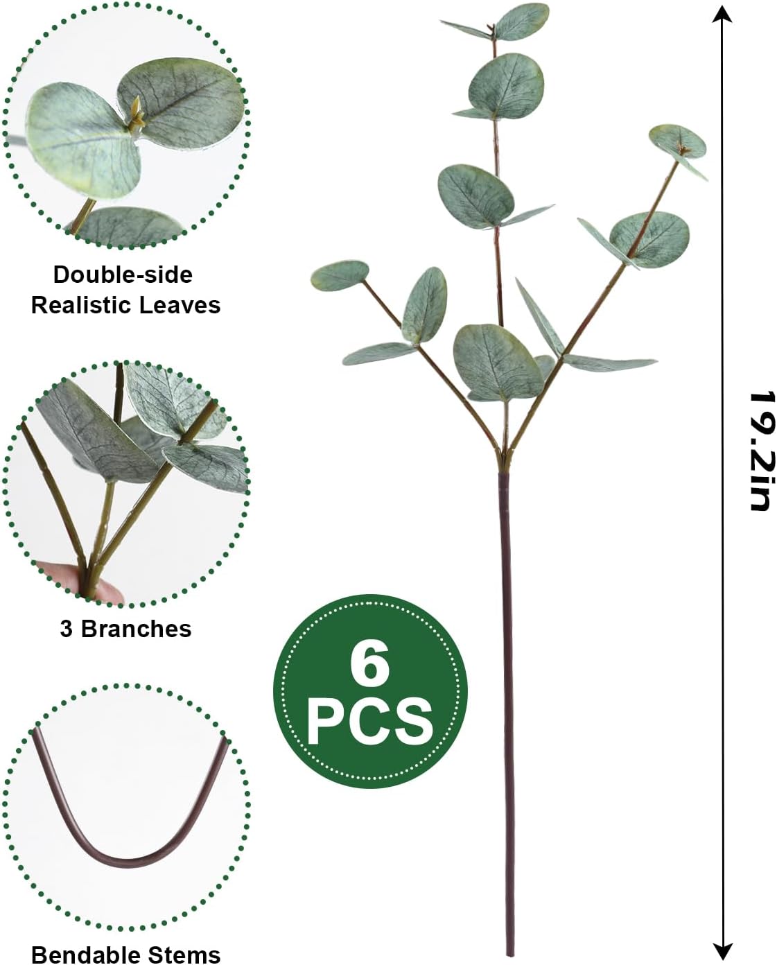 Coferset 6pcs Real Touch Artificial Eucalyptus Stems,Sage Green