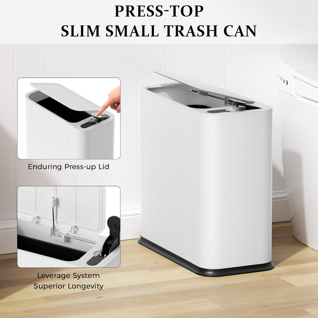 Bathroom Trash Can with Lid and Tissue Box Cover Set 13 L/ 3.5 Gallon White Trash Can with Pop-Up Lid Small Garbage Can for Bathroom Bedroom Office Kitchen