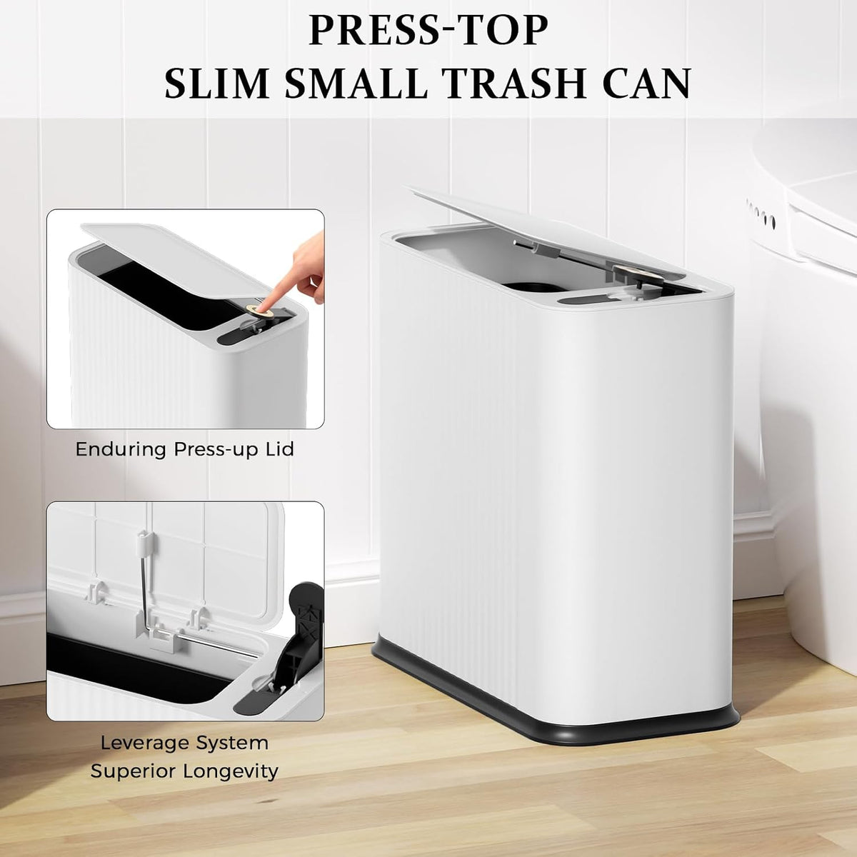 Bathroom Trash Can with Lid and Tissue Box Cover Set 13 L/ 3.5 Gallon White Trash Can with Pop-Up Lid Small Garbage Can for Bathroom Bedroom Office Kitchen