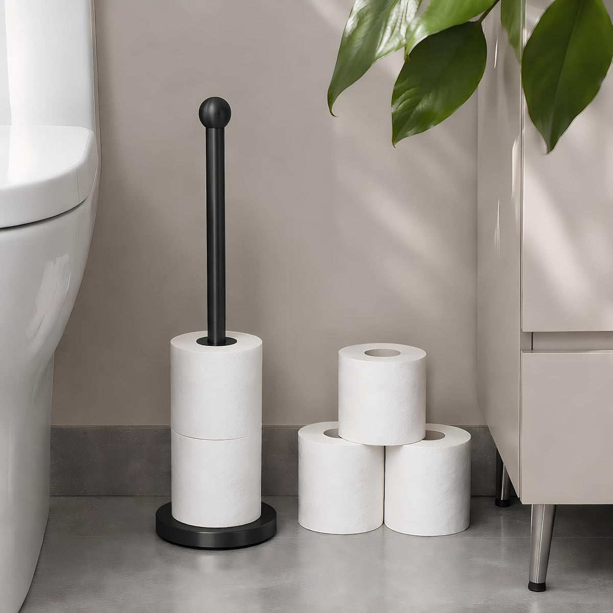 Toilet Paper Holder Stand for Max 5 Paper Rolls, Freestanding TP Holder, Paper Roll Storage for Bathroom, Stainless Steel - Black