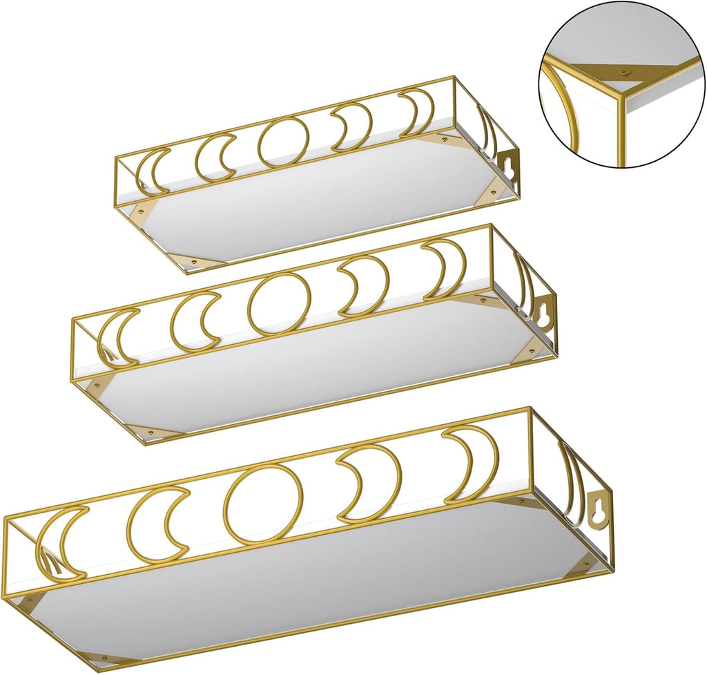 Moon Phase Wall Shelf, 3 Gold Side White Base Floating Shelves