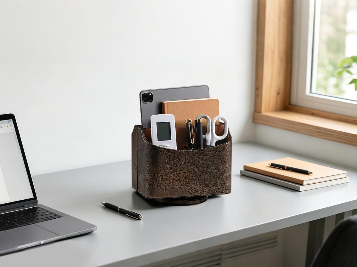 PU Leather Remote Control Holder, 360 Degree Rotating Desk Organizer Luxury Desktop Storage Rack, Rotating Bedside Storage Box for Desktop Office Living Room Bedroom (Brown Vintage)
