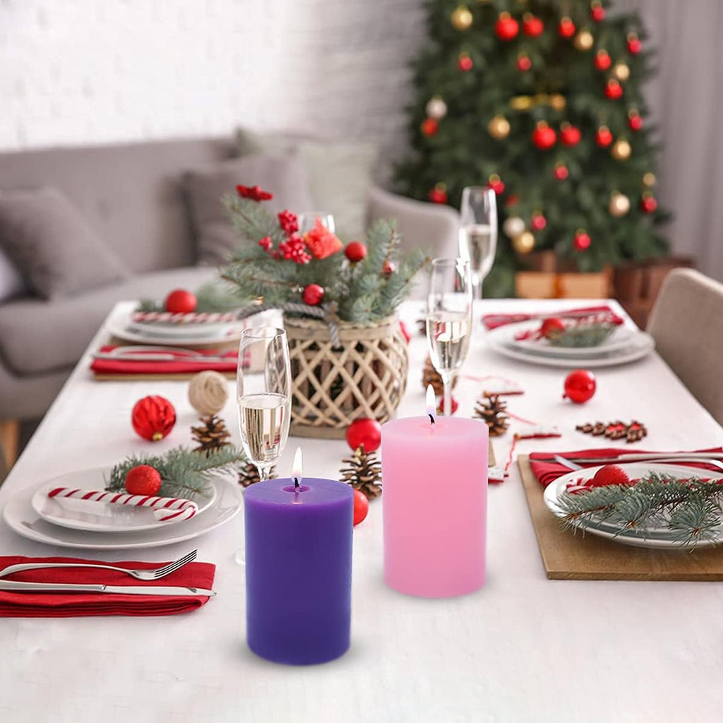 Set of 4 3x4 Inch Christmas Advent Pillar Candles, Unscented 3pcs Purple and 1pc Pink Solid Colored Candles for Christmas - 45 Hours Burn