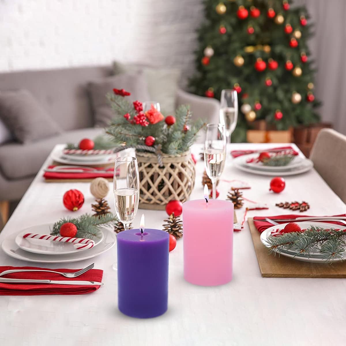 Set of 4 3x4 Inch Christmas Advent Pillar Candles, Unscented 3pcs Purple and 1pc Pink Solid Colored Candles for Christmas - 45 Hours Burn