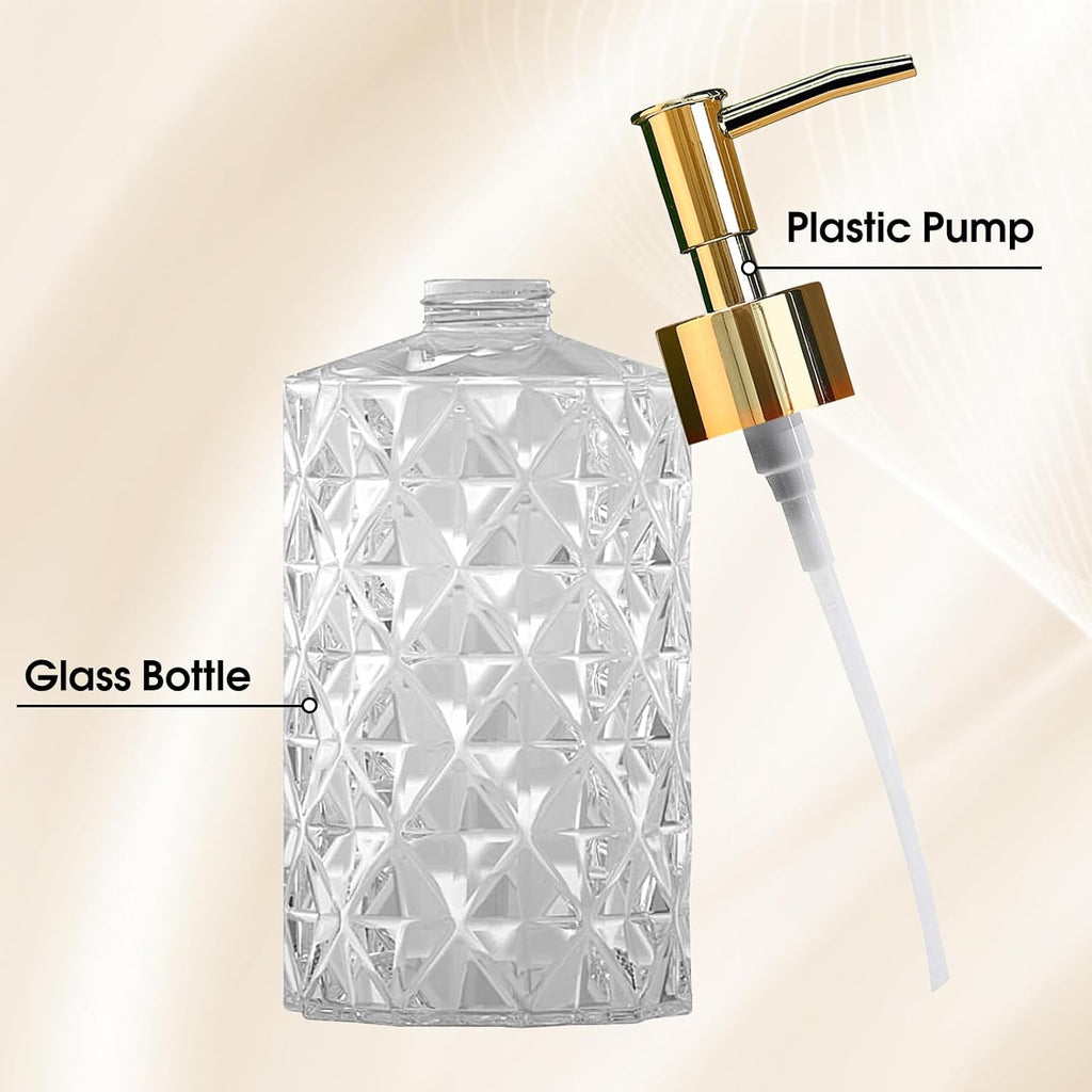 Crystal Glass Soap Dispenser, 330ml/12oz. Clear Glass Lotion Soap Dispenser with Gold Pump, Crystal Design Reusable Hand Soap Dispenser for Kitchen Dish Soap, Shower Gel, Shampoo(4 Pack)