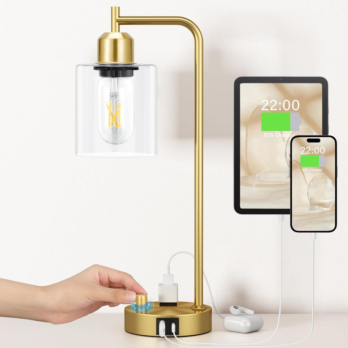 Innqoo Gold Table Lamp for Bedroom - Industrial Bedside Lamp with USB Port and Outlet, Fully Dimmable Nightstand Lamp with Clear Glass Shade, Small Desk Lamps for Home Office