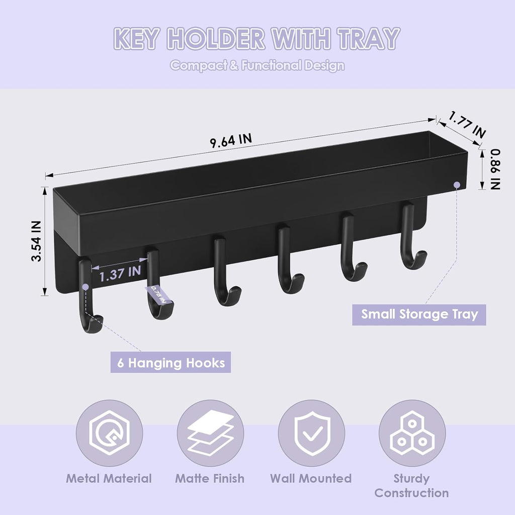 VIS'V Key Holder Wall Mount, Adhesive Key Rack with Tray, 6 Hooks, Black