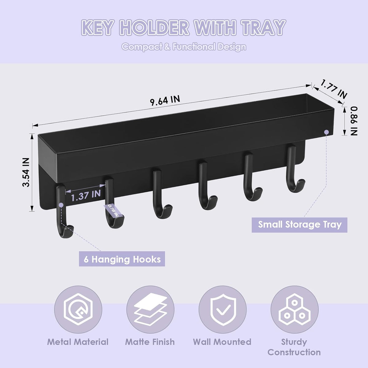 VIS'V Key Holder Wall Mount, Adhesive Key Rack with Tray, 6 Hooks, Black