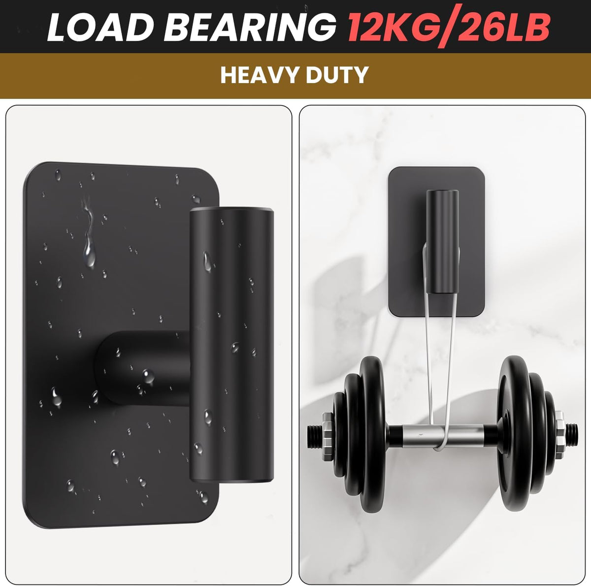 Heavy Duty Adhesive Hooks - 26lb Max, Sticky Wall Hooks Waterproof Stainless Steel for Hanging Towel, Coat, Robe, Towel Hooks Stick on Bathroom, Kitchen, Shower, Door (Black, 4 Pack)
