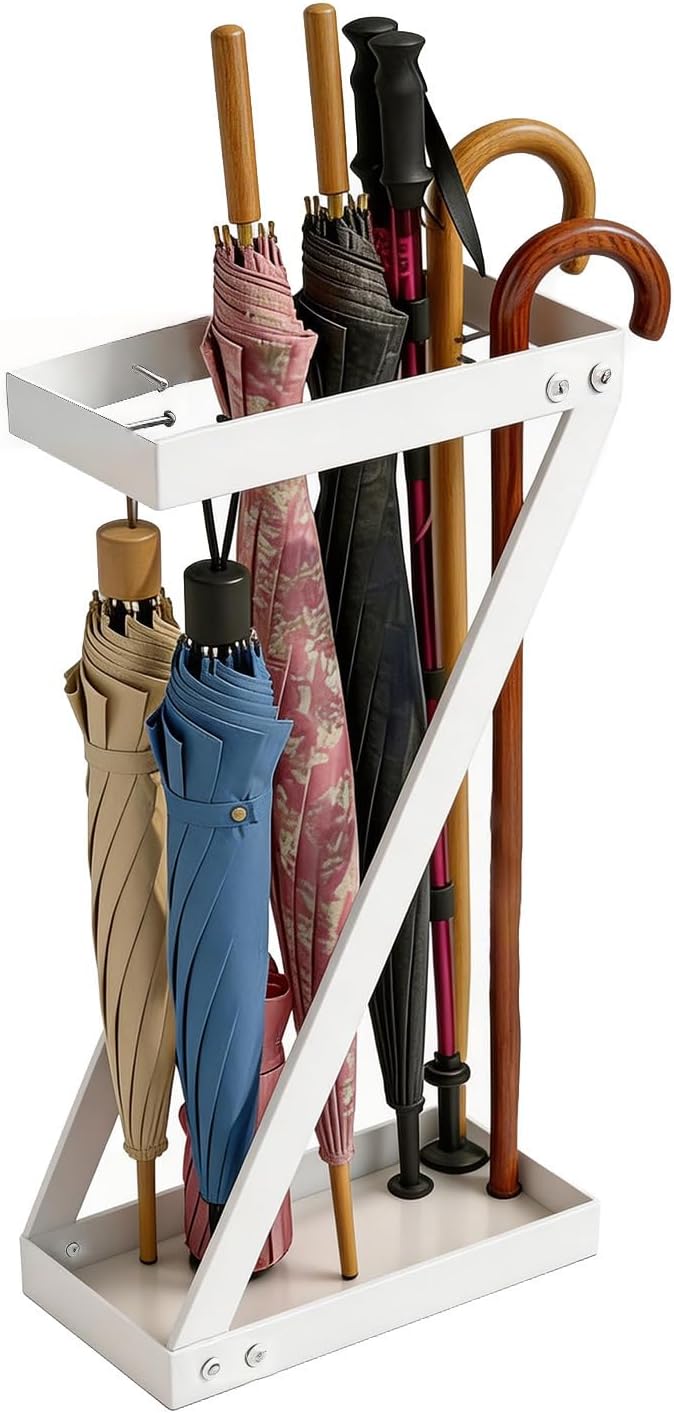 Umbrella Holder for Entryway, White Indoor Umbrella Stand with Hooks,Metal Umbrella Storage Rack Ideal for Home Office Hotel Lobby