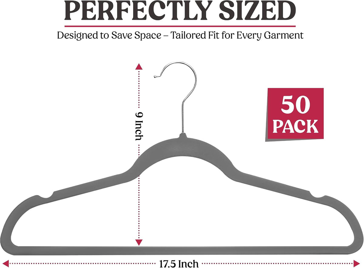 LDC Grey Velvet Hangers 50 Pack - Premium Non-Slip Clothes Felt Hanger