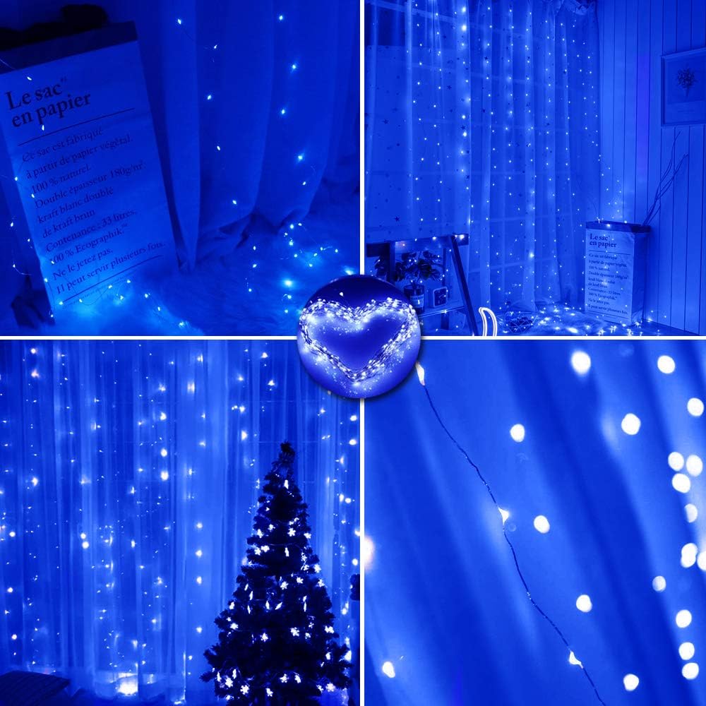 Curtain String Lights Indoor, 300 LED Twinkle Lights with Remote Timer USB Power 8 Modes Blue Fairy Lights for Bedroom Wall, Tapestry, Window, Bed Canopy, Christmas Decor-9.8ft x 9.8ft(Blue)