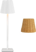 Mr. White Outdoor Waterproof Cordless Rechargeable Portable Top Touch Battery Operated Powered LED Table Lamp with Rattan lampshade for Restaurant Kitchen Patio Dinner Dining (White)