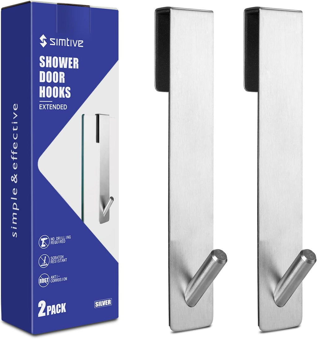 Simtive Extended Shower Door Hooks (7-Inch), Towel Hooks for Bathroom Frameless Glass Door, 2-Pack, Silver