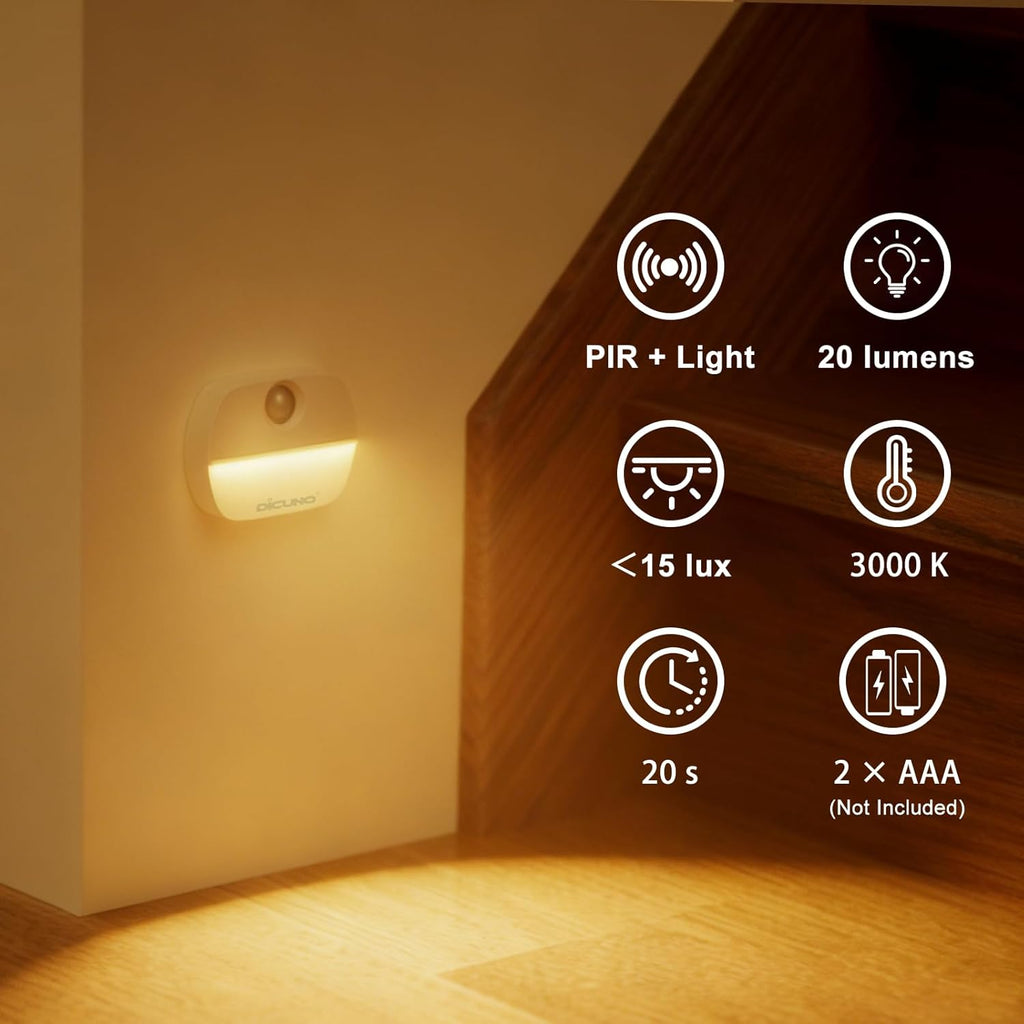 DiCUNO Motion Sensor Night Light, Stick-On, Battery Operated, 3000K, 4-Pack