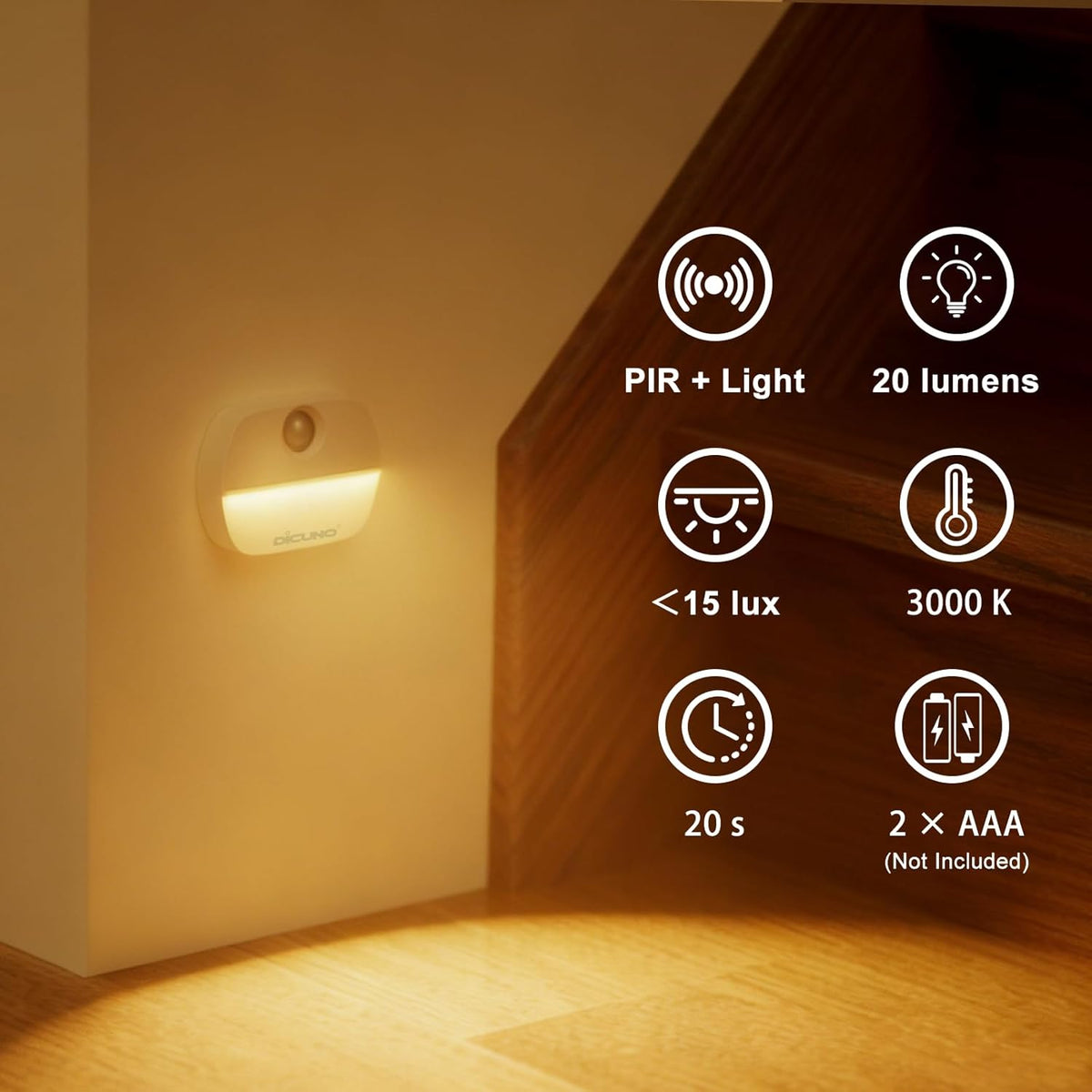 DiCUNO Motion Sensor Night Light, Stick-On, Battery Operated, 3000K, 4-Pack