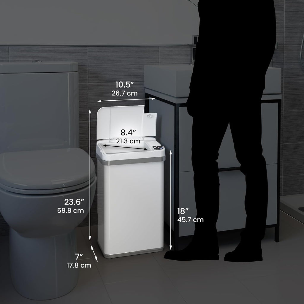 iTouchless 4 Gallon Bathroom Trash Can with Odor Control, Automatic Motion Sensor Bin, Soft-Close Stainless Steel, Slim Wastebasket for Narrow Spaces, White