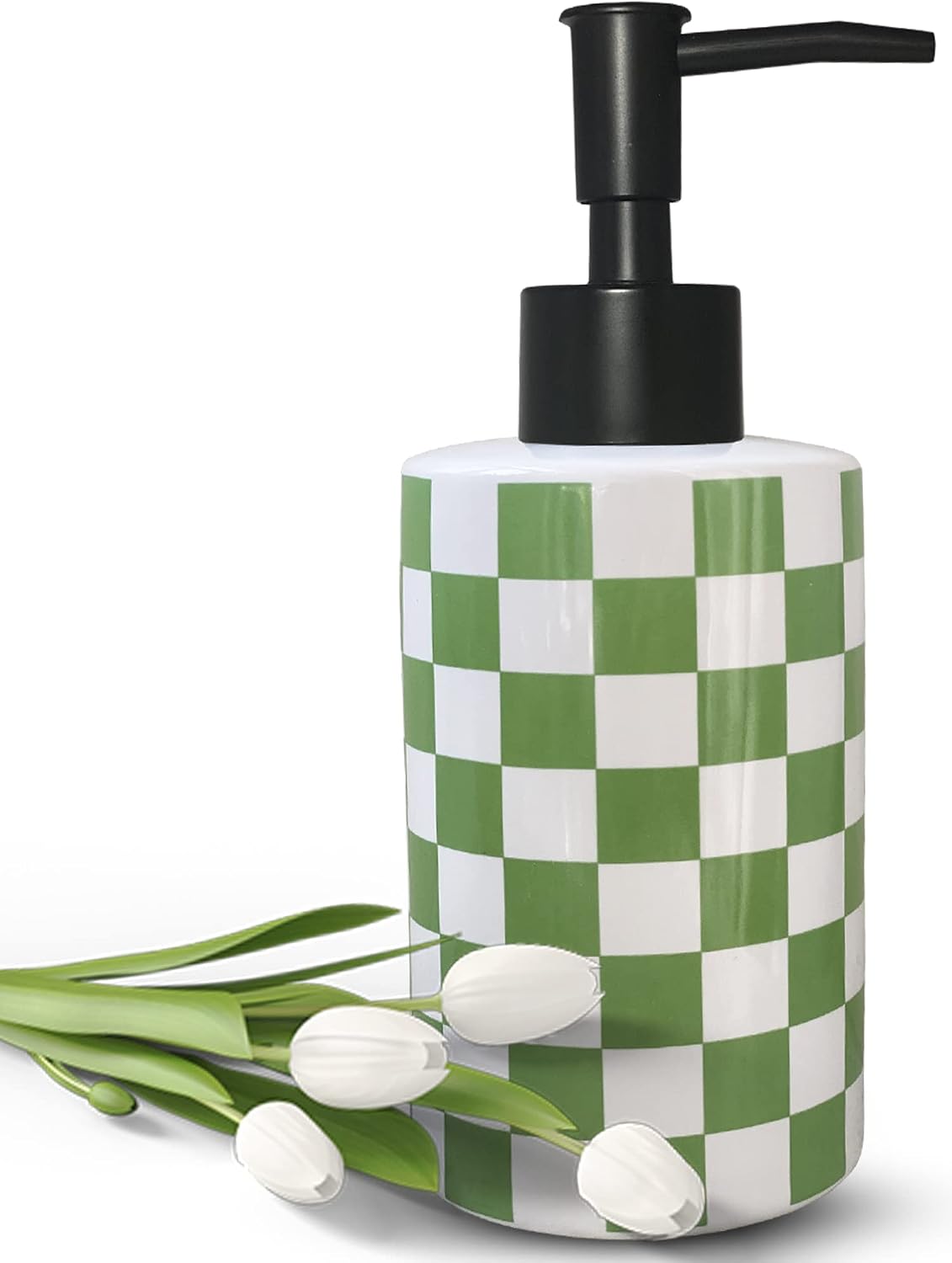 Bathroom Soap Dispenser with Matte Black Pump White Ceramic Soap Dispenser for Kitchen Checkerboard Empty Pump Bottle (Green)