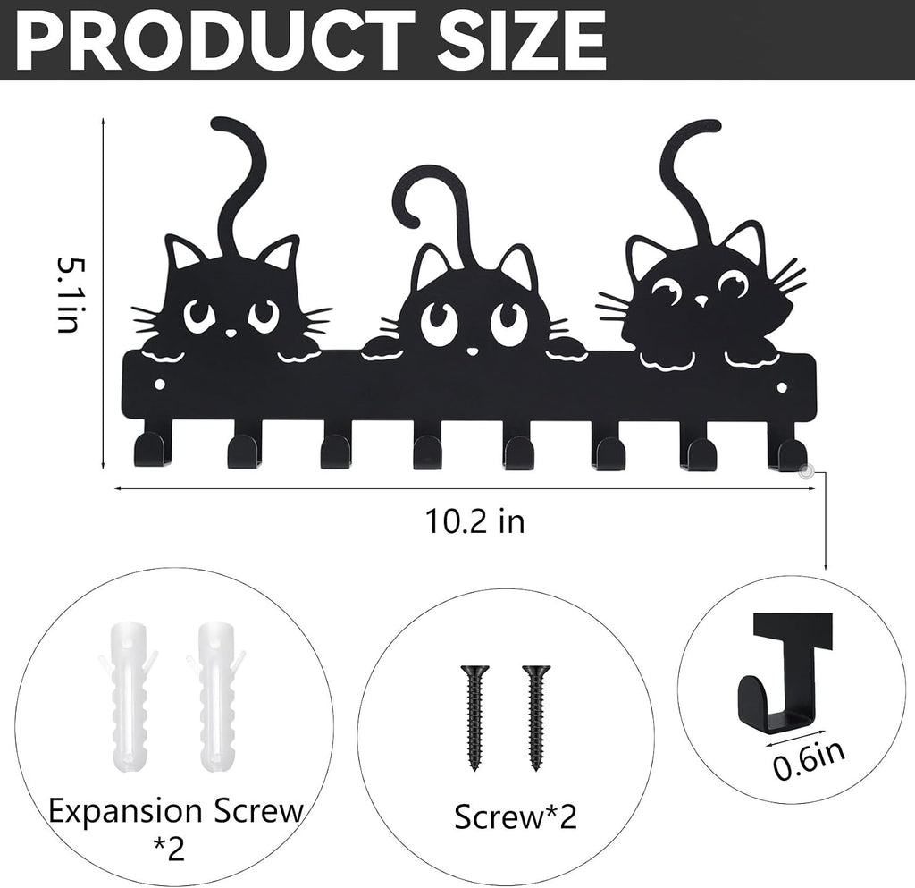 Key Hooks Holder for Wall Mounted with 8 Hooks, Black Cute Cat Key Hanger Rack Wall Decorative for Home, with Mounting Hardware, Dog Leash Holder, Entryway, Hallway, Office Ready to Hang