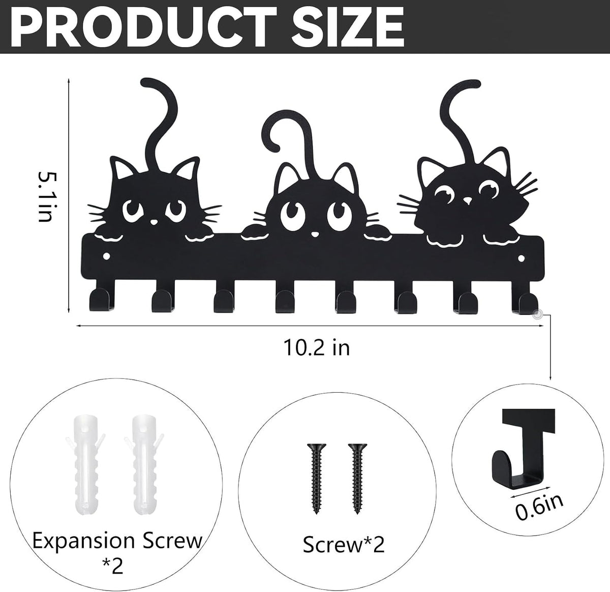 Key Hooks Holder for Wall Mounted with 8 Hooks, Black Cute Cat Key Hanger Rack Wall Decorative for Home, with Mounting Hardware, Dog Leash Holder, Entryway, Hallway, Office Ready to Hang