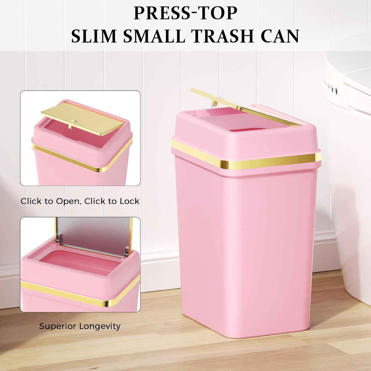 3 Pack Bathroom Trash Can with Lid 4 Gallon Small Trash Can with Press Top Lid Bathroom Garbage Can with 150 Counts Trash Bags for Kitchen Bedroom Office(White Pink Green)