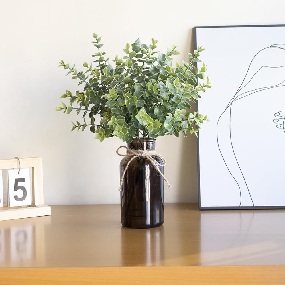 Fake Eucalyptus Stems in Black Glass Vase with Faux Water for Home Decor