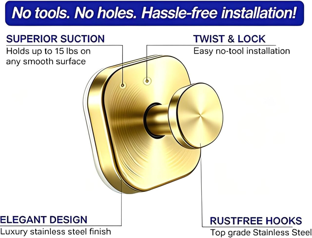 Gold Suction Cup Hooks, No Drill Shower Hooks for Bathroom & Wreath Hanger