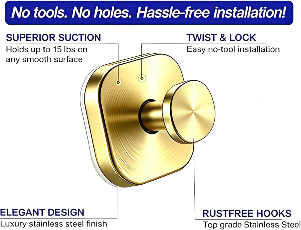 Gold Suction Cup Hooks, No Drill Shower Hooks for Bathroom & Wreath Hanger