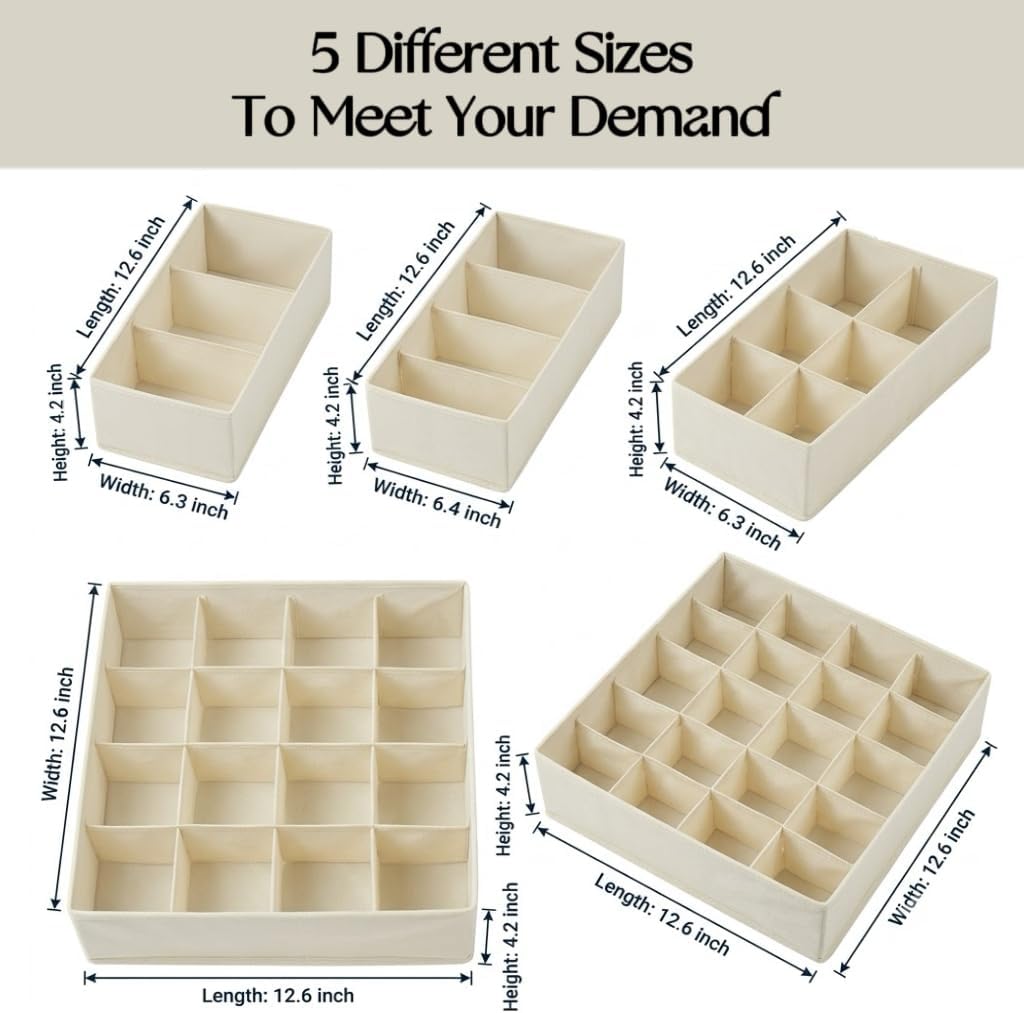 SUREMAX 5-Pack Underwear Drawer Organizer for Socks, Bras, Ties, Off-White
