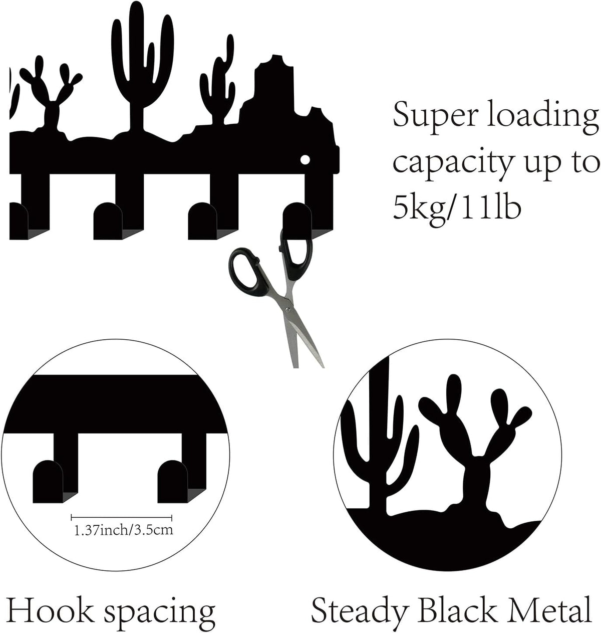 CREATCABIN Cactus Black Metal Wall Mounted Key Hooks Holder with 6 Hooks - Key Hanger Organizer Rack Wall Decor for Entryway Front Door Hallway 10.6x6.3Inch