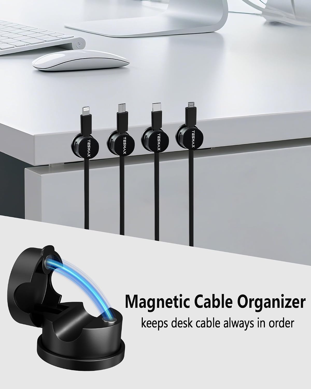 6Pack Magnetic Cord Holder 360° Rotating, 1s Lock Adhesive Desk Organizers