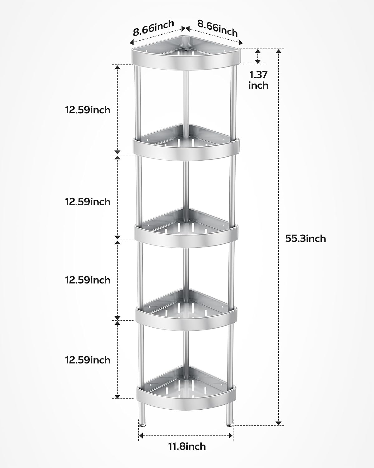 Nieifi 5 Tier Aluminum Corner Shower Caddy Standing-Rustproof-Silver