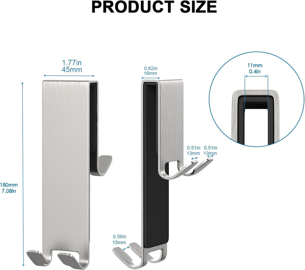 Double Sided Shower Door Hooks for Frameless Glass, Stainless Steel Over the Door Hooks No Drilling Rust Resistant, Towel Hooks for Bathroom Hanging Towels Robes, Silver (2 Pack) Bathroom Organizer