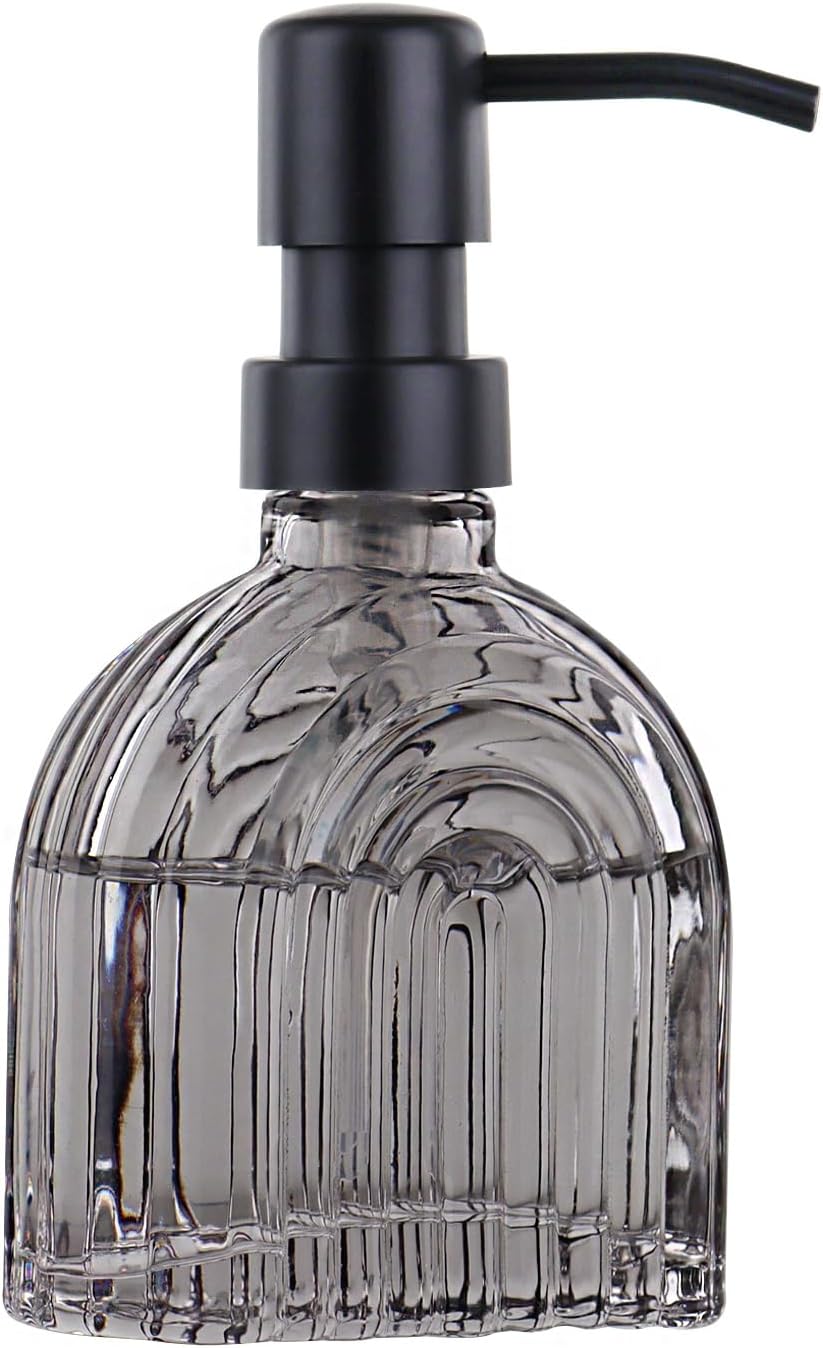 Glass Soap Dispenser for Kitchen and Bathroom Contertop Wash Hand Liquid, Dish Detergent, Farmhouse Style Shampoo Lotion Pump (1, Grey Glass with Black, 4" x 2"x 6-5/8")