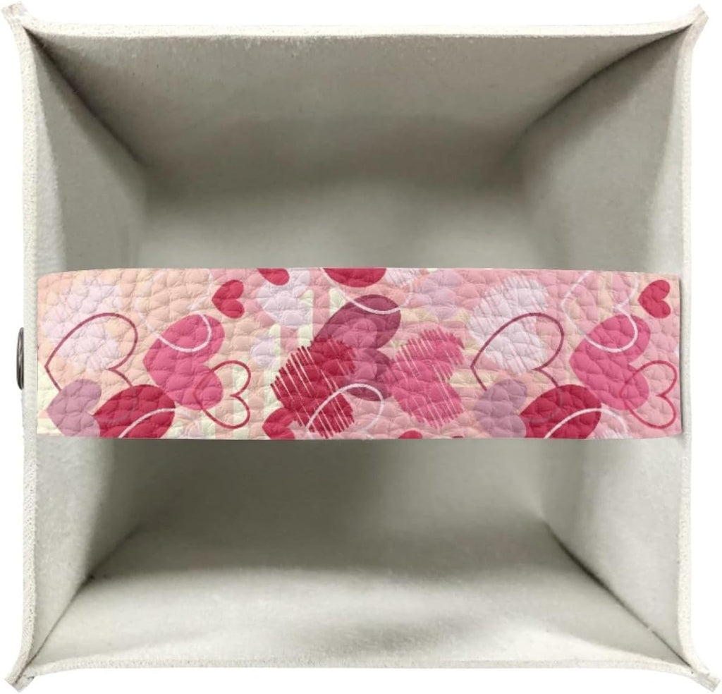 Happy Valentines Day Facial Tissue Box Cover PU Leather Square Tissue Case Dispenser 5.1"X5.1"X5.5" Organizer for Living Room Kitchen Bathroom Home Decor,Pink Love Heart
