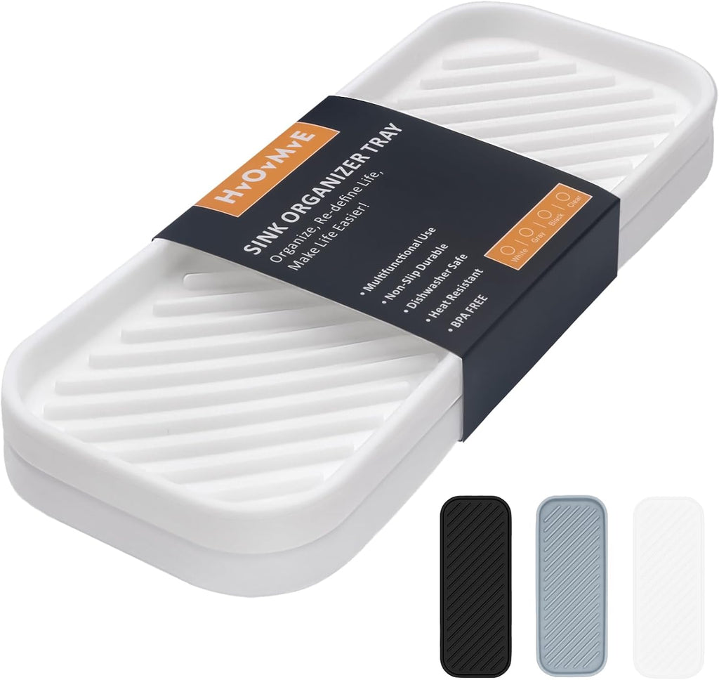Silicone Organizer Tray, Soap and Sponge Holder for Kitchen Sink, Bathroom - Storage Tray for Dish Brush, Soap Dispenser, Dishwashing Accessories- 2 Pack (White)